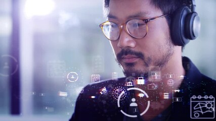 Aufkleber - Asian man, headphones and hologram with finance, planning and investment for update system. Person, investor and employee with headset, 3D icons and internet with thinking, solution and accounting