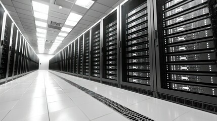 Poster - Modern Data Center: Rows of Servers in a High-Tech Facility