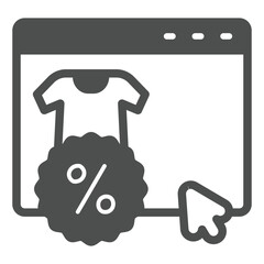 Poster - Website with shirt and discount solid icon, black friday concept. Vector graphics. Product landing page and mouse cursor sign on white background, glyph style icon for mobile or web design.