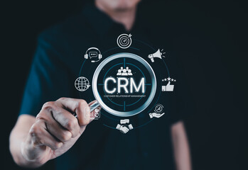 Wall Mural - crm system for customer relationship management. a person interacts with crm interface icons for sup