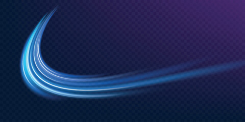 Poster - Blue wind waves effect. Abstract light motion trails with sparkles isolated on black background. Light blue Twirl. Curve light effect of blue line. Luminous blue circle.
