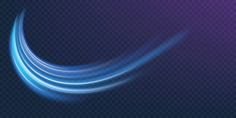 Poster - Blue wind waves effect. Abstract light motion trails with sparkles isolated on black background. Light blue Twirl. Curve light effect of blue line. Luminous blue circle.