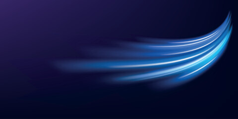 Poster - Blue wind waves effect. Abstract light motion trails with sparkles isolated on black background. Light blue Twirl. Curve light effect of blue line. Luminous blue circle.