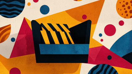 Poster - Dark Container with Yellow and Black Stripes Surrounded by Vibrant Geometric Shapes in a Stylized Abstract Illustration Art