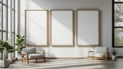 Aufkleber - Sunlight streams through large windows into a contemporary gallery adorned with three empty frames. Minimalist chairs and greenery create a serene atmosphere perfect for creativity