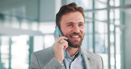 Aufkleber - Businessman, talking and happy with phone call in office for financial deal, investment feedback and business proposal. Account manager, news or speaking to client for corporate negotiation or update