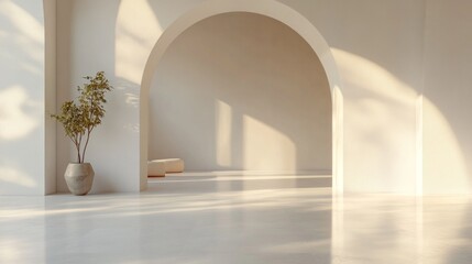 Fototapete - A serene interior showcases a smooth, white floor and a graceful archway. A small plant in a vase adds a touch of greenery, while gentle shadows play on the walls, creating a peaceful atmosphere