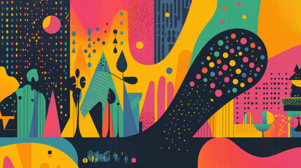 Poster - Vibrant Abstract Illustration Featu Animal Print Elements and Bold Geometric Shapes in Bright Colors with Copy Space Available