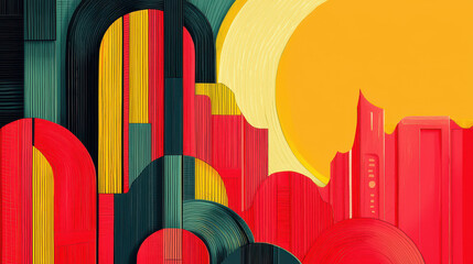 Poster - Abstract geometric wallpaper design with bold red yellow teal shapes arched forms vibrant stylized cityscape illustration