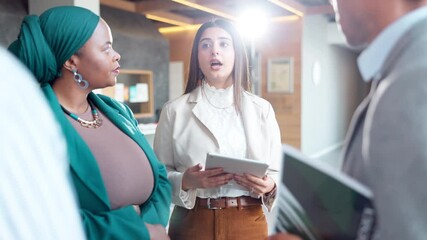 Leinwandbilder - Administration, diversity and tablet with business people in office together for collaboration or discussion. Conversation, meeting or planning with man and woman employee team in corporate workplace