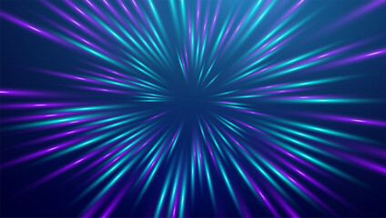 Fototapete - Space warp speed line abstract background. Light blue neon radial burst comic effect. Ai streak ray hyperspace data tunnel, action 3d vector bg, anime flash zoom effect.