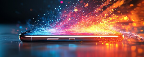 Poster - Futuristic smartphone with a dynamic digital explosion effect