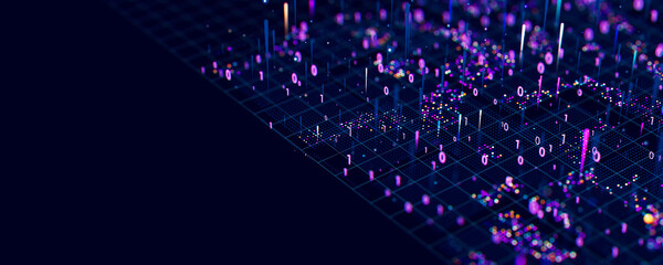 Poster - Macro of quantum computing technology. Digital patterns of big data. Microworld of LLM AI learning process. Nano technology presentation. 