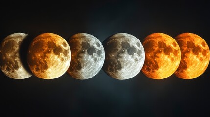Wall Mural - Sequence of moon phases displayed, colors varying from grey to orange against black