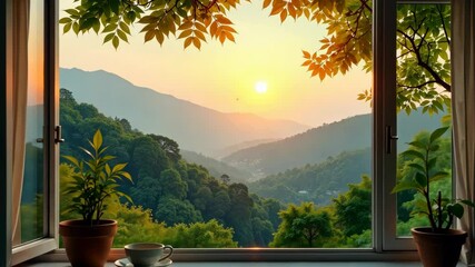 Aufkleber - Serene sunrise view from a cozy window with plants and a cup of coffee