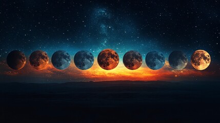 Wall Mural - Moon phases. Celestial bodies glow against colorful horizons under starry skies