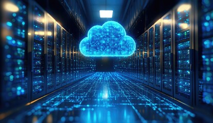 Poster - Abstract Blue Glowing Cloud Data Visualization in Dark Server Room
