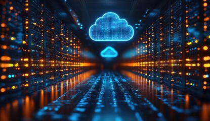 Poster - Abstract Data Center with Glowing Blue Cloud Symbol and Orange Lights