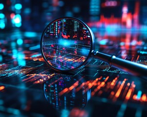 Leinwandbilder - Magnifying glass focusing on graphs and charts, data analysis, neon screen design, modern technology, digital finance, SEO, business, investment, marketing