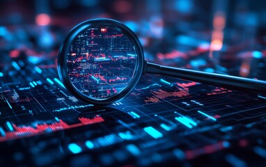Poster - Magnifying glass over graphs and charts, data analysis, neon screen, futuristic tech design, modern technology, digital finance, business, SEO, investment, marketing
