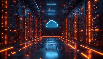 Poster - Abstract Server Room with Glowing Cloud Icon
