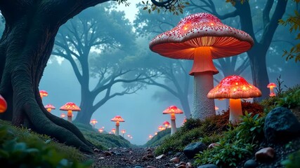 Poster - Glowing Mushrooms Illuminate a Mystical Forest Path in the Twilight