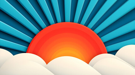 Poster - Abstract Retro Sunburst Design with Blue Rays and Orange Sun