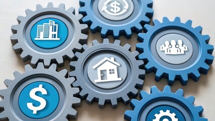 Poster - Gears with various icons representing finance, real estate, and teamwork, illustrating interconnected concepts in business management.