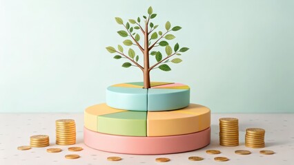 Poster - A stylized tree grows from colorful geometric bases, surrounded by gold coins, symbolizing growth, investment, and sustainability in a minimalist setting.
