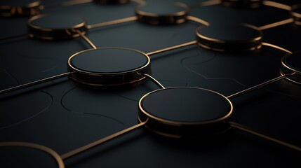 Poster - an abstract close-up of a dark surface featuring circular shapes connected by thin lines, creating a