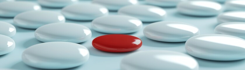 Poster - A striking visual of a single red button surrounded by white buttons, symbolizing individuality and contrast in a uniform setting.