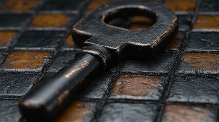 Poster - Antique Key on a Dark Checkered Surface: A Close-Up Still Life