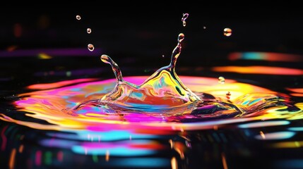 Poster - A floating, surreal splash of holographic fluid with a shimmering spectrum of neon-inspired pastel colors, set against black.