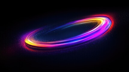 Poster - A glowing liquid arc with vibrant neon reflections, suspended in space, pulsating with iridescent energy against a dark void.