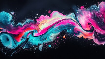 Poster - A luminous, iridescent liquid arc flows effortlessly, glowing in neon shades of pink and turquoise against a pitch-black background.