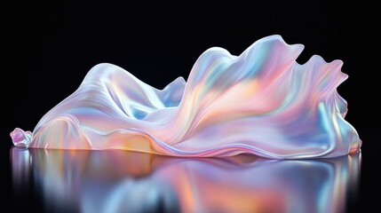 Poster - A smooth and elegant wave of iridescent liquid, glowing with ethereal pastel colors and neon reflections on a black background.