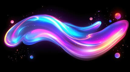 Poster - A smooth and elegant wave of iridescent liquid, glowing with ethereal pastel colors and neon reflections on a black background.