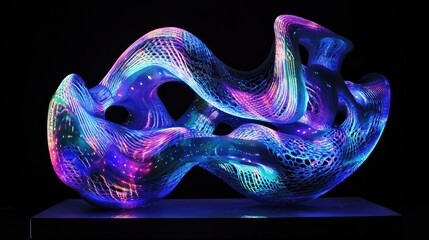 Poster - A surreal, iridescent fluid sculpture forming an intricate neon-lit pattern, dynamically shifting against a black void.