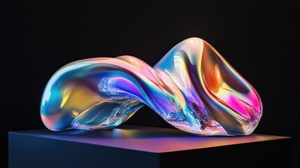 Poster - A surreal liquid sculpture with smooth, glassy surfaces and a holographic glow, shifting between vibrant and pastel tones on black.