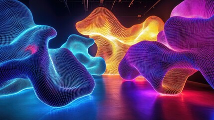 Poster - Abstract waves of glowing neon liquid, undulating in a mesmerizing dance, forming intricate patterns of light and shadow.