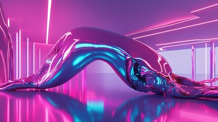 Poster - Fluid motion of neon-infused liquid metal, suspended in time, twisting and shimmering with futuristic hues of pink, cyan, and violet.