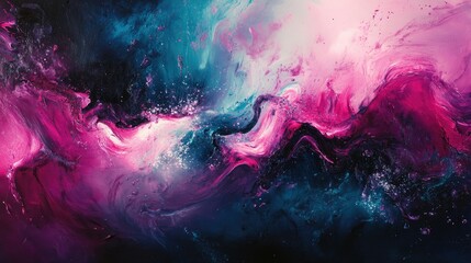 Poster - Fluid motion of neon-infused liquid metal, suspended in time, twisting and shimmering with futuristic hues of pink, cyan, and violet.