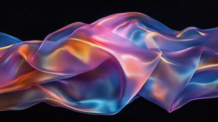 Poster - Futuristic liquid silk with a holographic sheen, forming soft, flowing curves in dreamy colors of blue, pink, and gold on black.