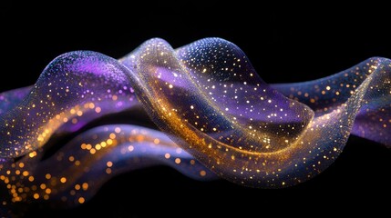 Poster - Holographic liquid ribbons twisting elegantly in space, reflecting dreamy hues of violet, gold, and cyan against a pitch-black background.
