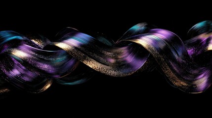 Poster - Holographic liquid ribbons twisting elegantly in space, reflecting dreamy hues of violet, gold, and cyan against a pitch-black background.