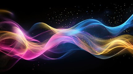 Poster - Iridescent liquid waves in neon hues of pink, blue, and gold, twisting and flowing against a black background in a futuristic composition.