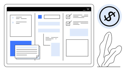 Digital interface featuring dashboard layout with widgets, checkboxes, and dollar badge. Ideal for finance, productivity, budgeting, planning, organization analytics and technology. Flat simple
