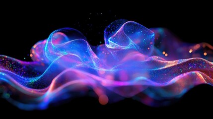 Poster - Smooth, holographic liquid structure with dreamy iridescent colors, gracefully flowing and reflecting neon blues, purples, and pinks against a black background.