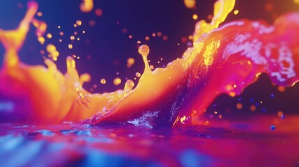 Poster - Vibrant neon liquid splashes and flows in abstract, futuristic waves, suspended in weightless motion on a dark backdrop.