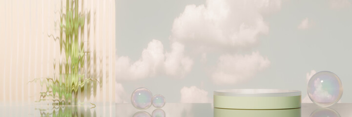 Poster - A serene display featuring bubbles, glass ribbed panel and greenery, creating a calming atmosphere. 3d rendering